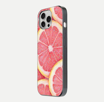 Glitter Grapefruit Glass Case for iPhone 16 Pro side-angle image showing reflection glow and polished edges