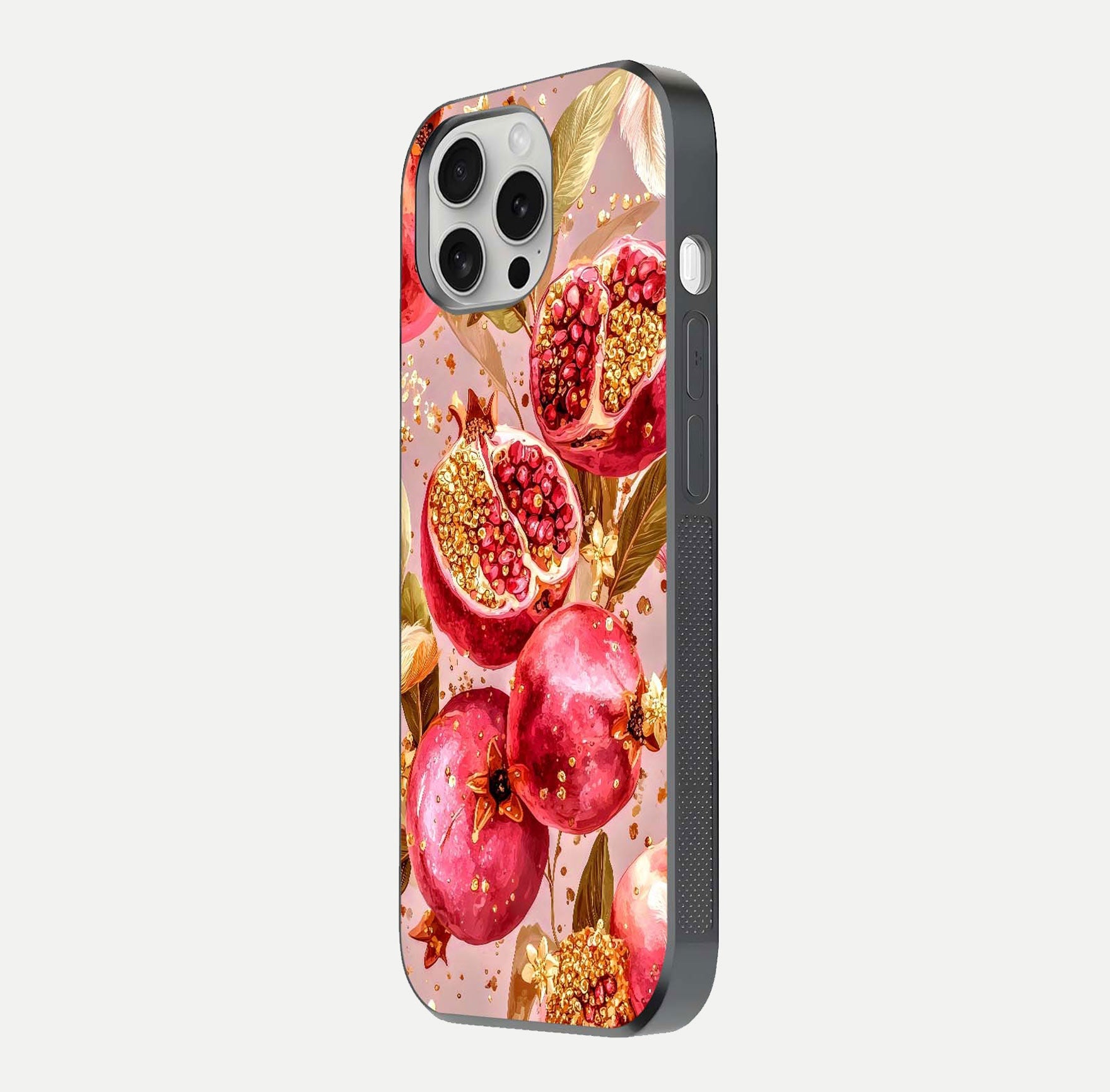Golden Bloom Glow Glass Case for iPhone 16 Pro side-angle image showing light reflection, gloss texture, and rich tone