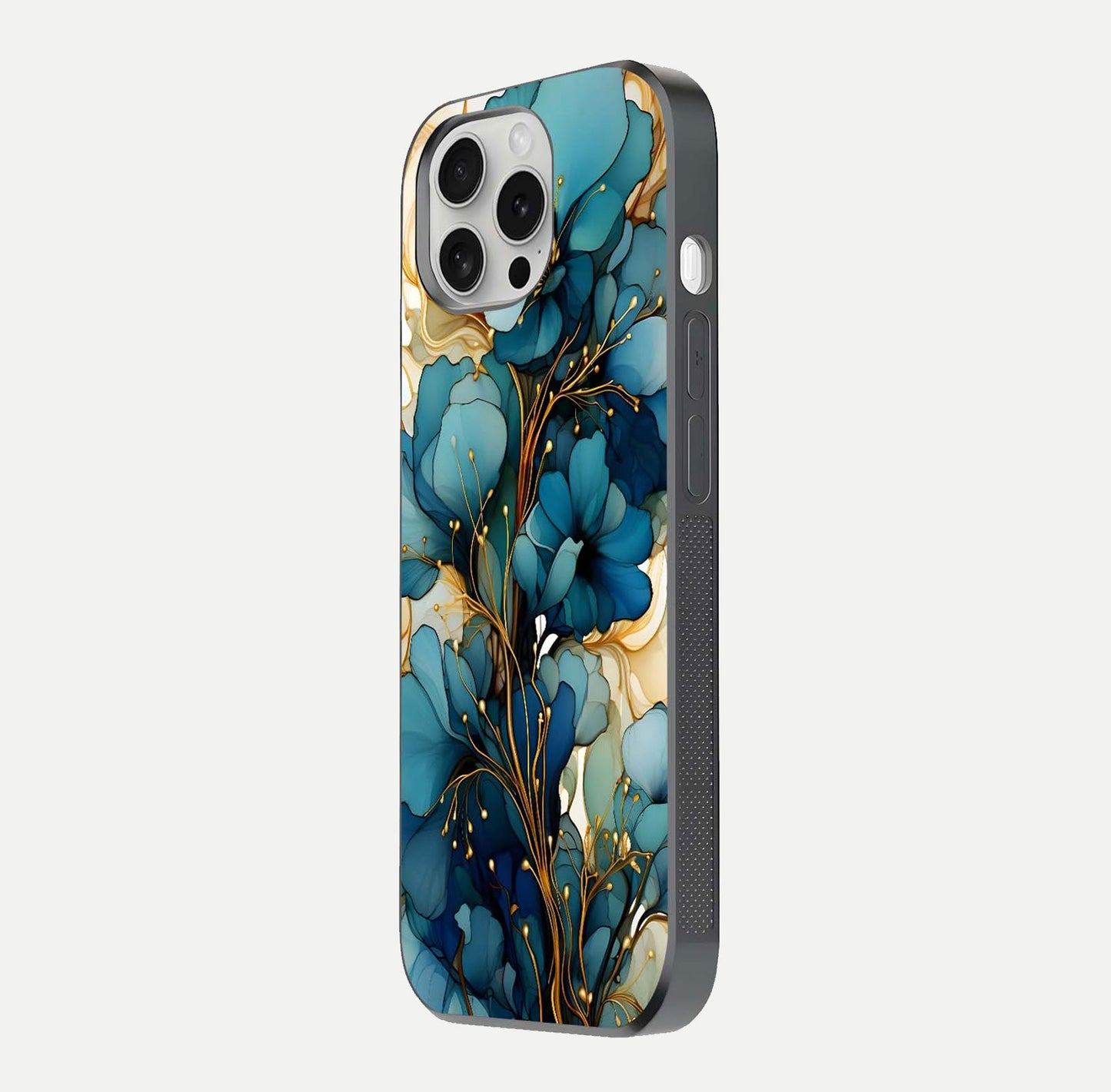 Golden Bloom Symphony Glass Case for iPhone 16 Pro side-angle image showing golden glow, light reflection, and premium surface