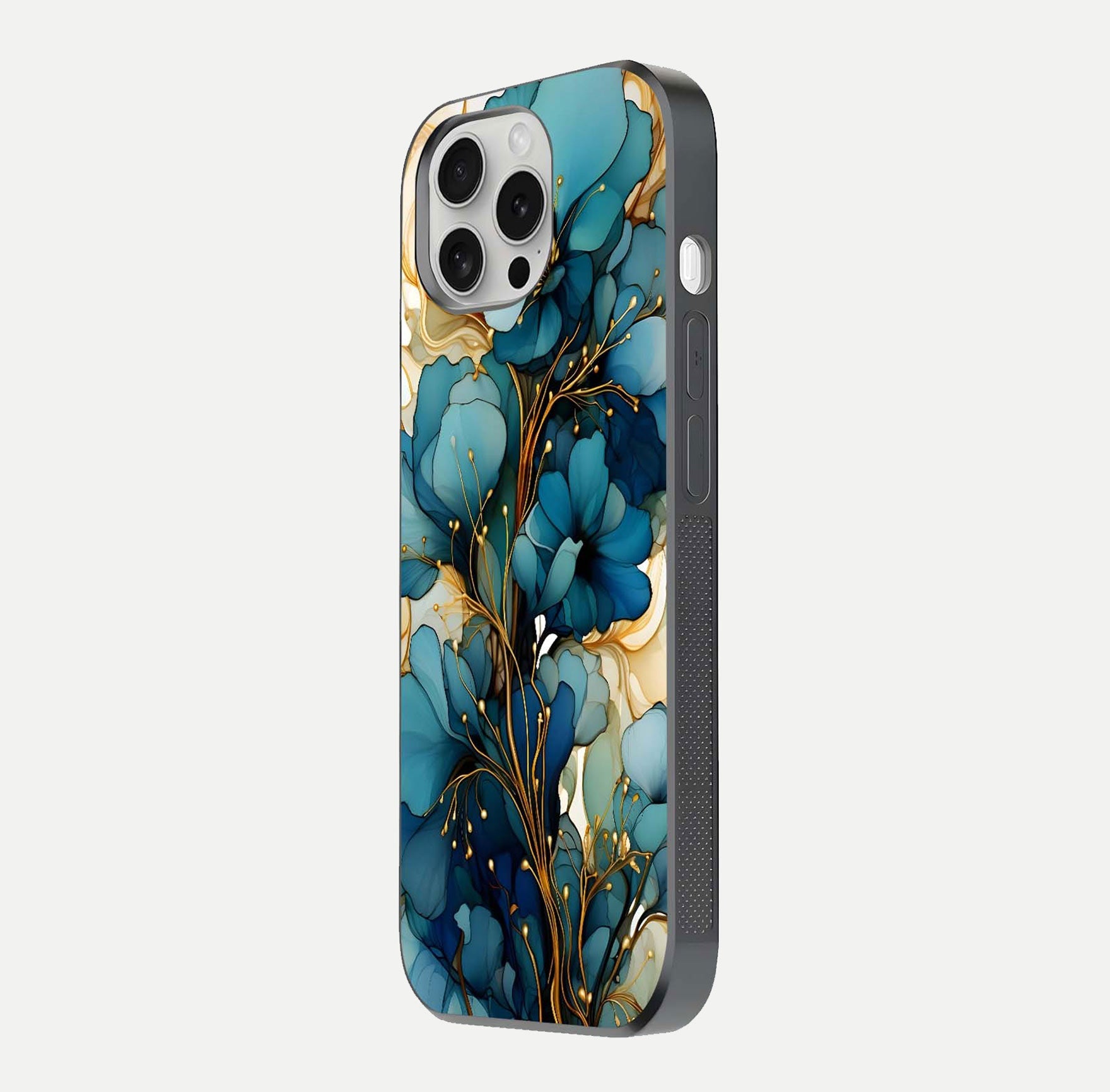 Golden Bloom Symphony Glass Case for iPhone 16 Pro side-angle image showing golden glow, light reflection, and premium surface