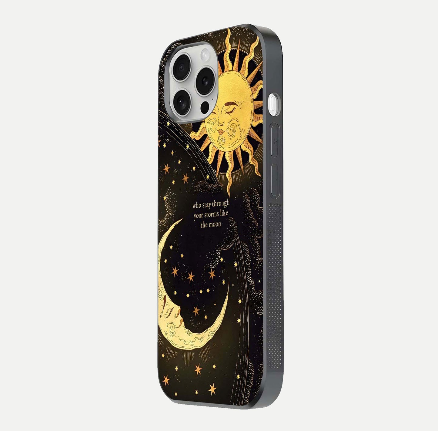 Golden Lunar Love Glass Case for iPhone 16 Pro side-angle image showing reflection brilliance and smooth golden tone