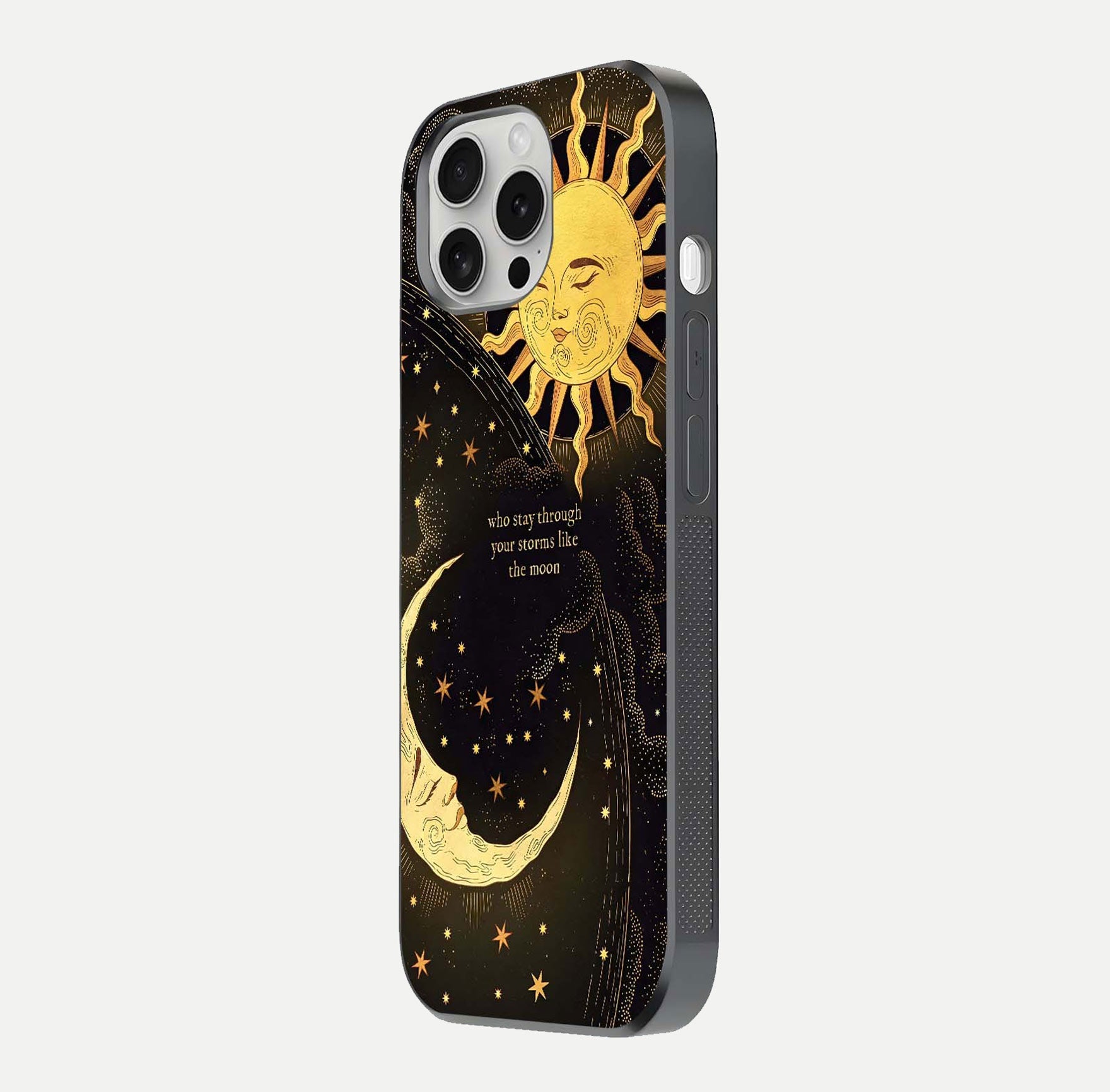 Golden Lunar Love Glass Case for iPhone 16 Pro side-angle image showing reflection brilliance and smooth golden tone
