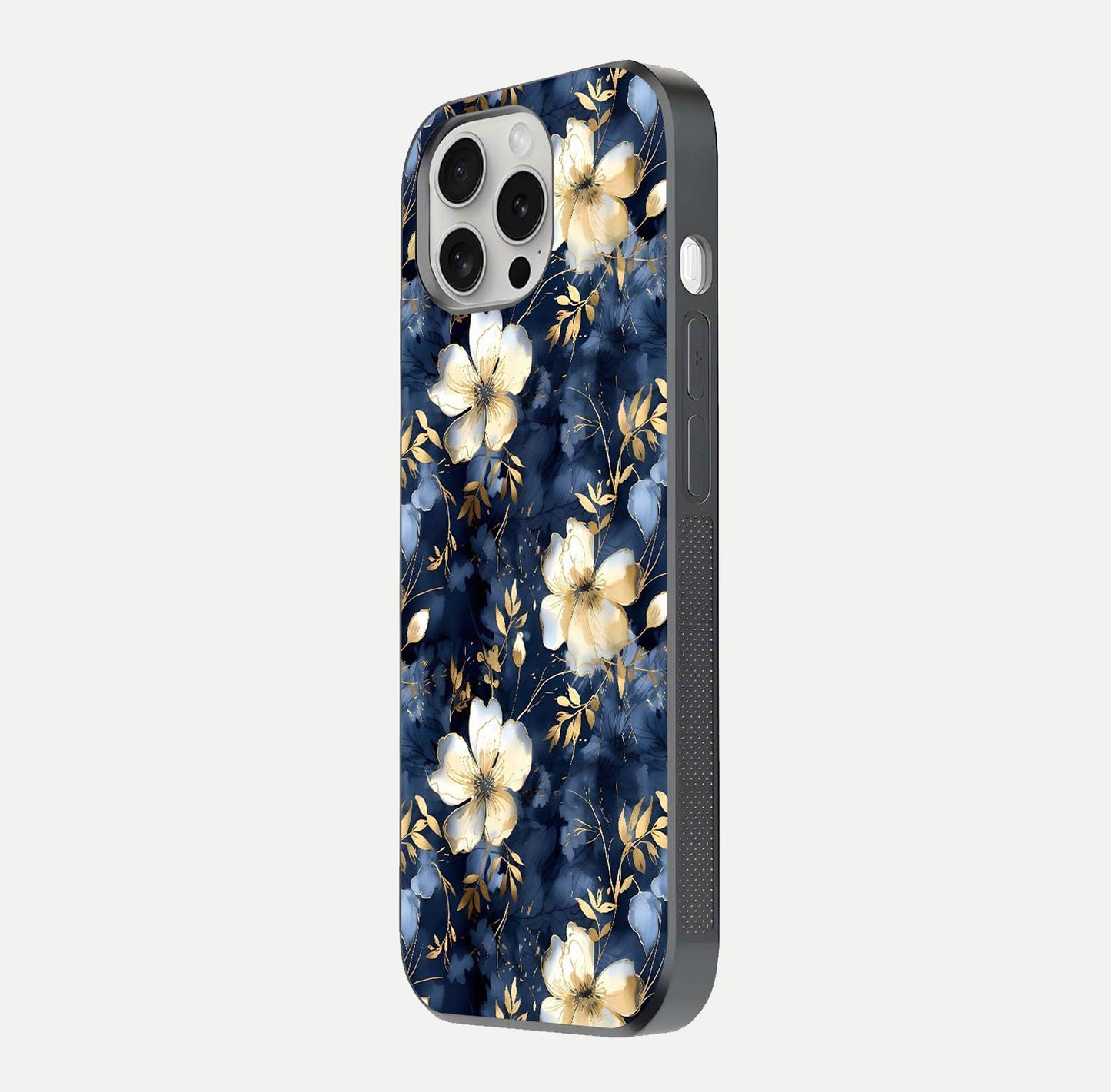 Golden Midnight Bloom Glass Case for iPhone 16 Pro side-angle image showing shine depth and elegant edge design