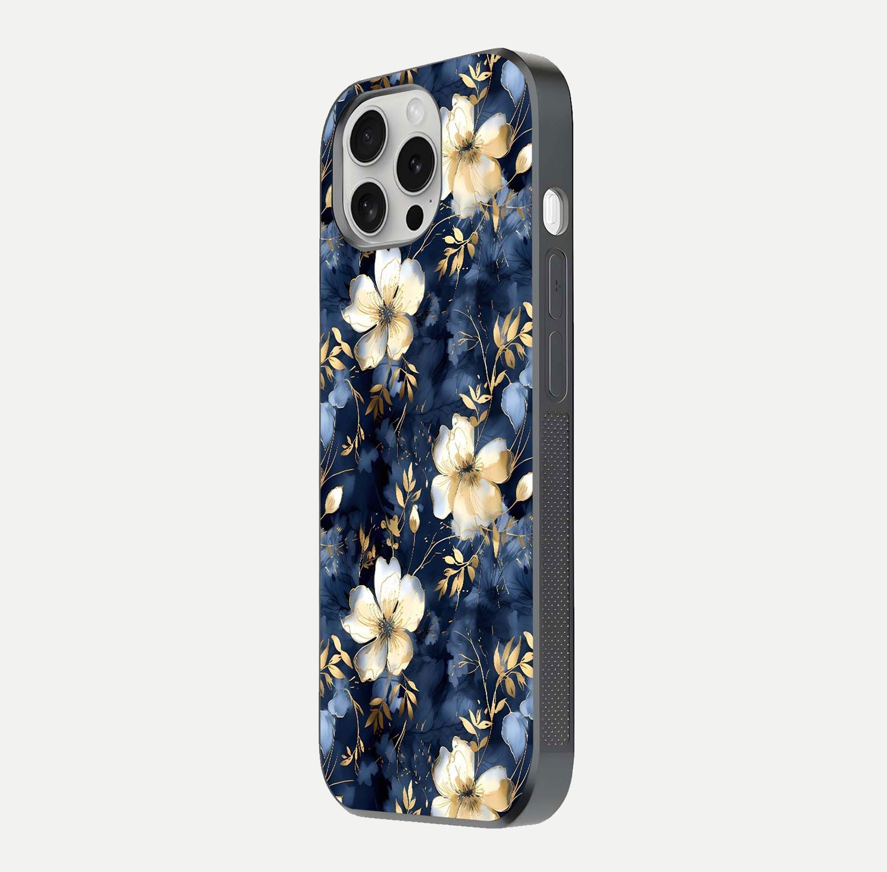 Golden Midnight Bloom Glass Case for iPhone 16 Pro side-angle image showing shine depth and elegant edge design