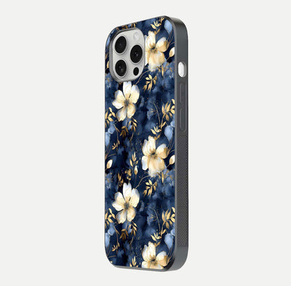 Golden Midnight Bloom Glass Case for iPhone 16 Pro side-angle image showing shine depth and elegant edge design