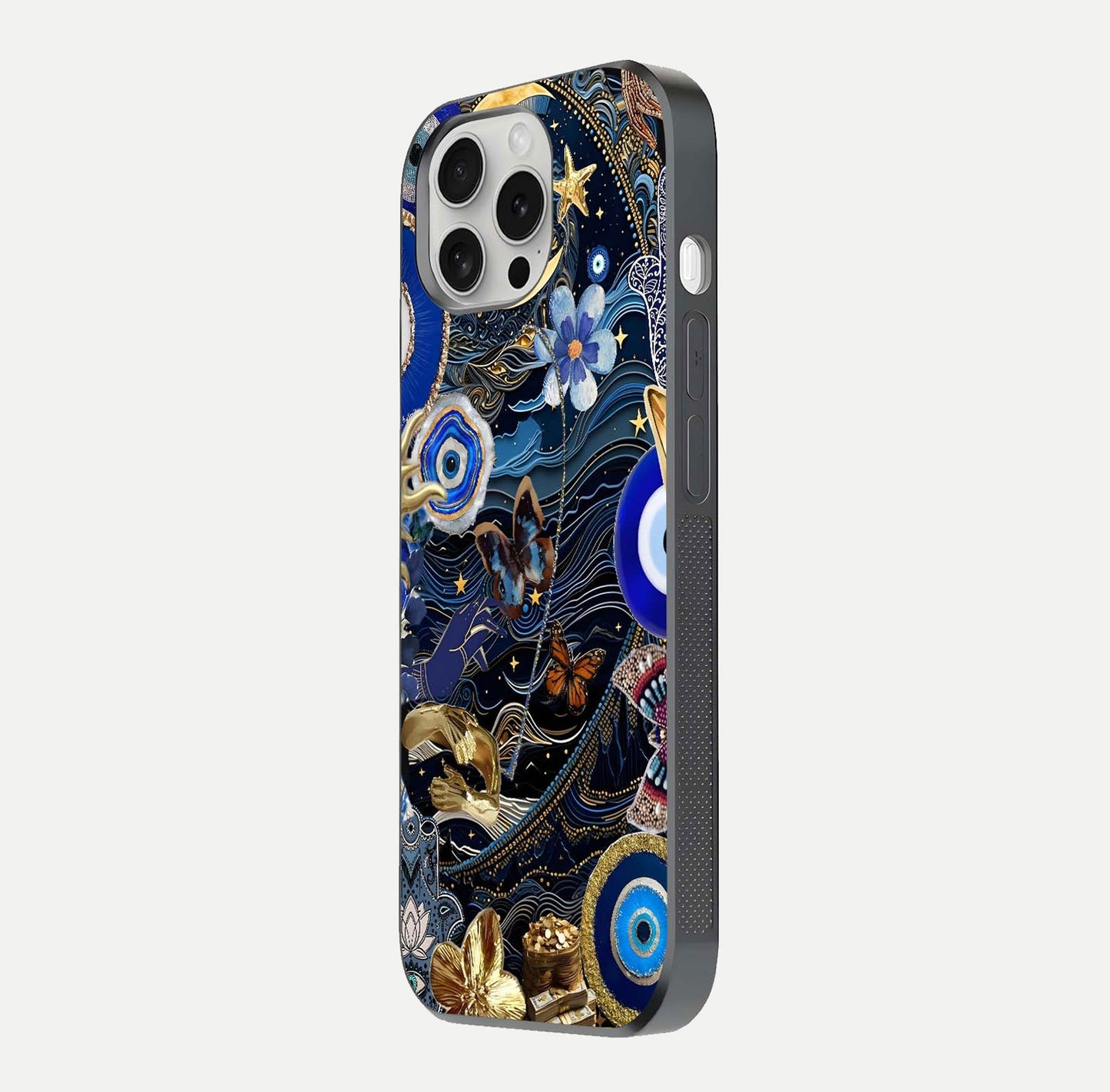 Golden Moon Magic Glass Case for iPhone 16 Pro side-angle image showing reflection glow, curved polish, and moon detail