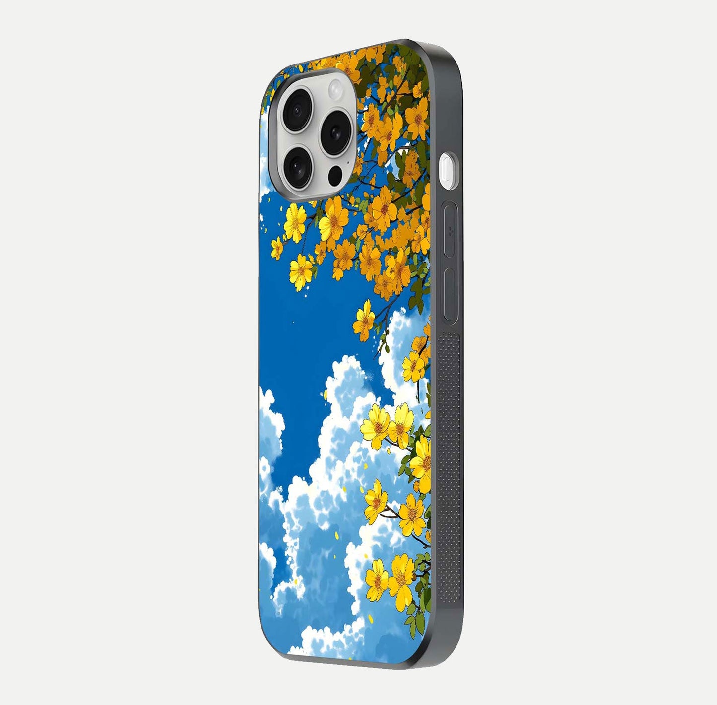 Golden Petal Sky Glass Case for iPhone 16 Pro side-angle image showing reflection depth and metallic floral tones