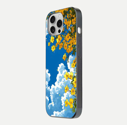 Golden Petal Sky Glass Case for iPhone 16 Pro side-angle image showing reflection depth and metallic floral tones