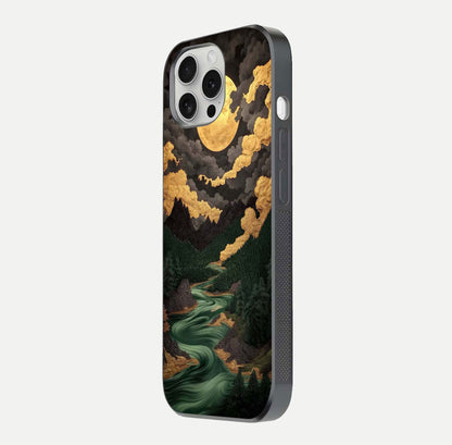 Golden River Moon Glass Case for iPhone 16 Pro side-angle image showing reflection clarity and detailed nightscape