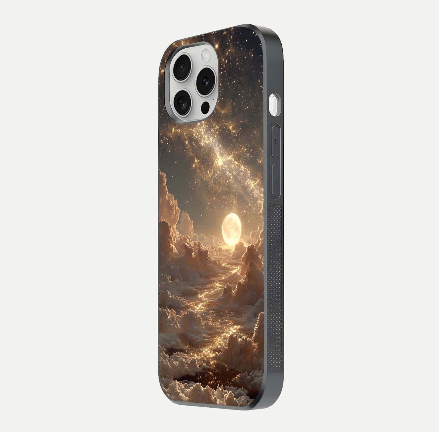 Golden Sky Dream Glass Case for iPhone 16 Pro side-angle image showing reflection shine and smooth surface