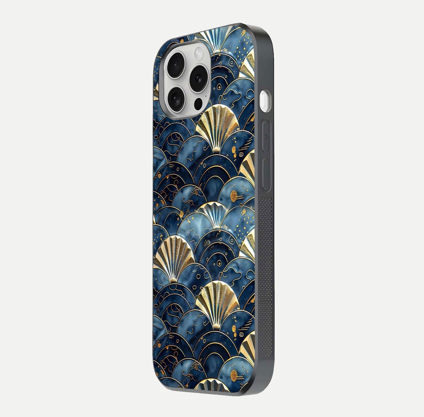 Golden Wave Luxe Glass Case for iPhone 16 Pro side-angle image showing reflection clarity and polished finish