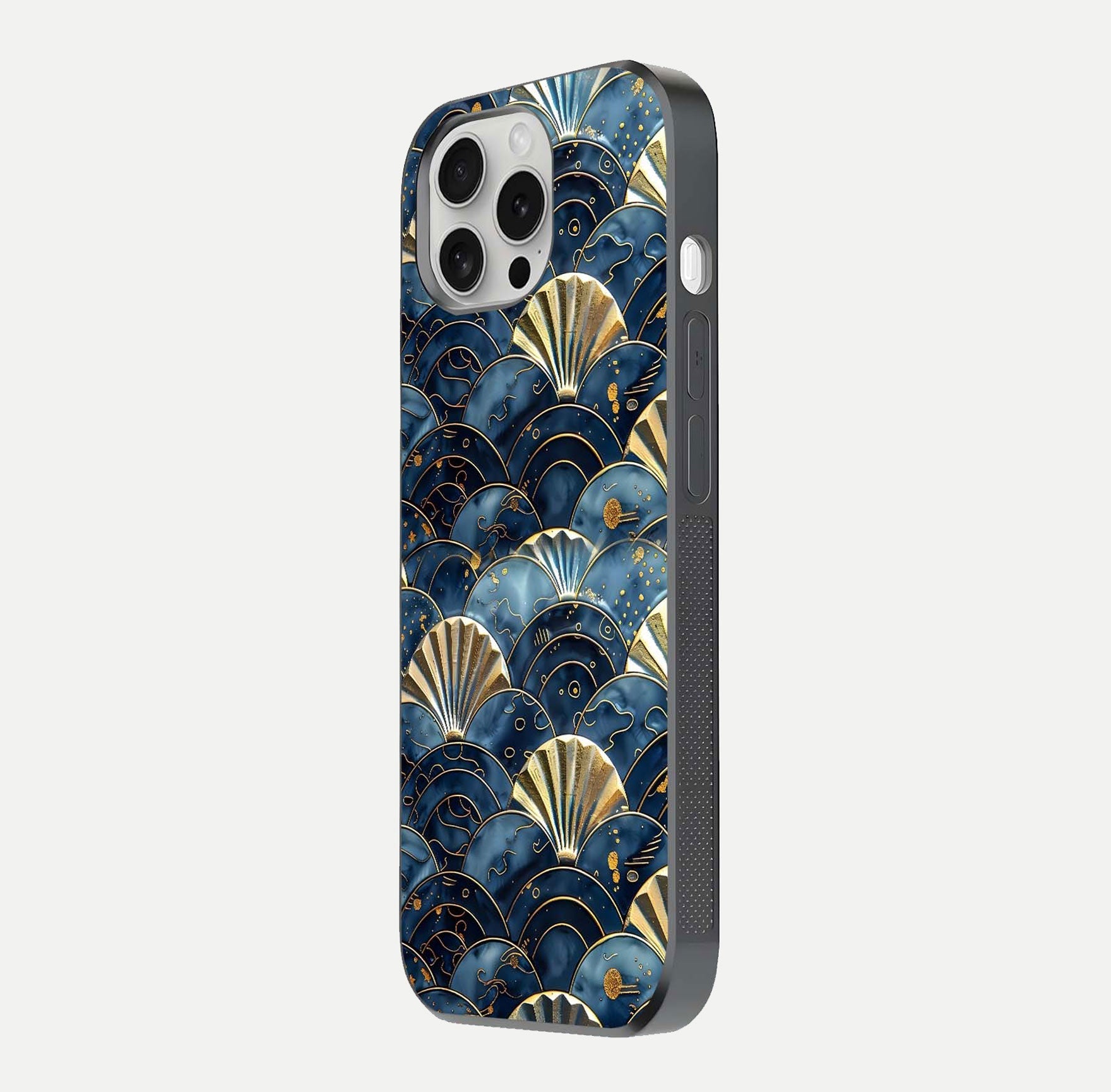 Golden Wave Luxe Glass Case for iPhone 16 Pro side-angle image showing reflection clarity and polished finish