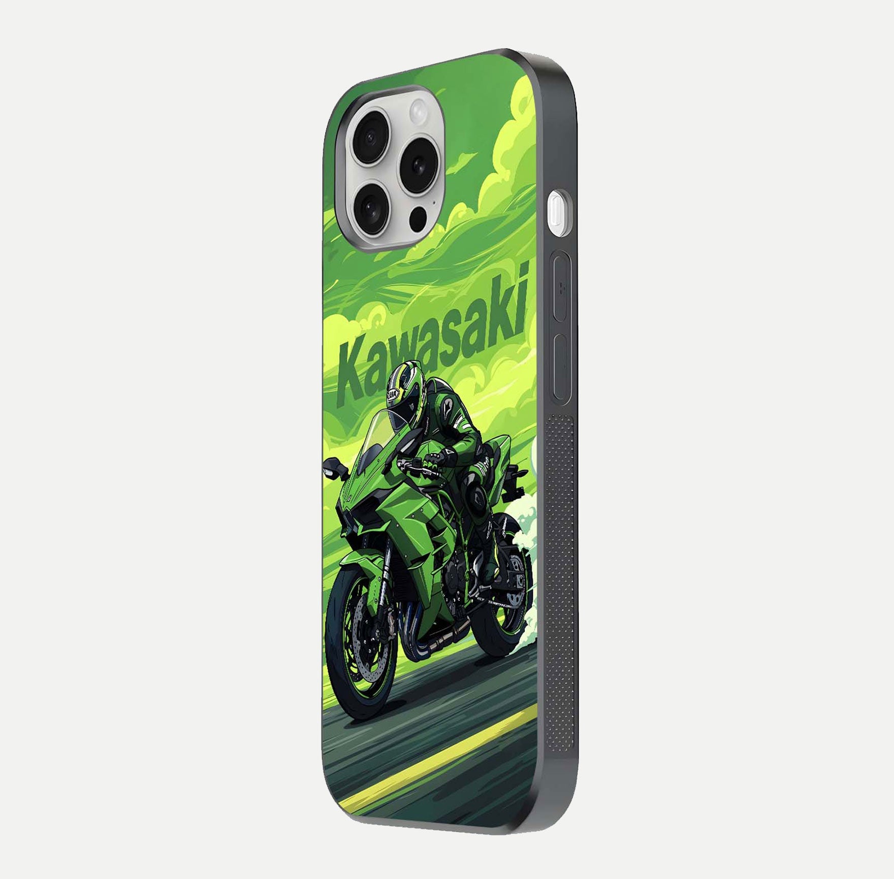 Green Kawasaki Glass Case for iPhone 16 Pro side-angle image showing reflection depth and metallic green accent