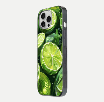Green Lemon Glass Case for iPhone 16 Pro side-angle image showing reflection glow and juicy color tones