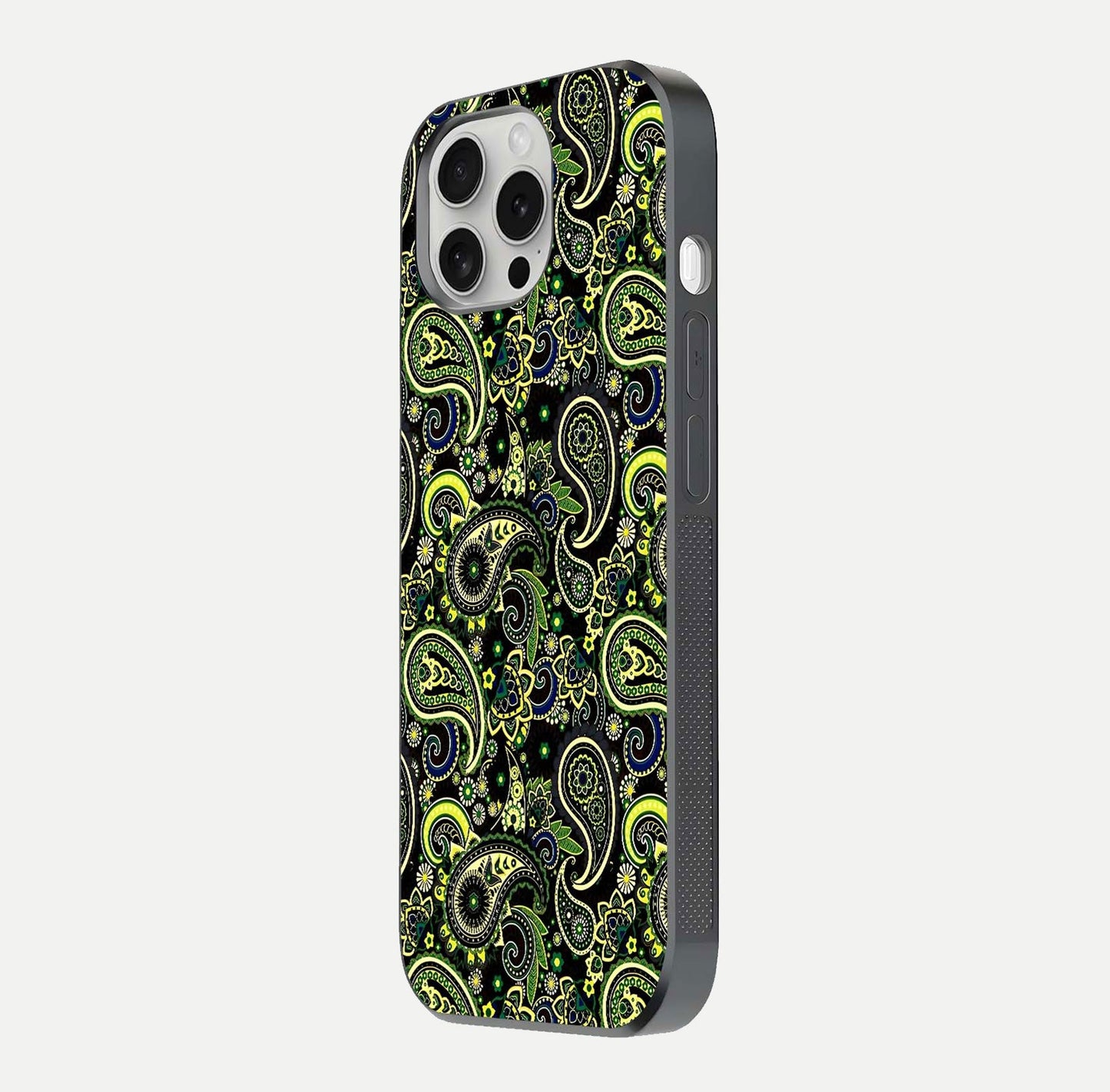 Green Mandala Pattern Glass Case for iPhone 16 Pro side-angle image showing reflection clarity and detailed pattern lines