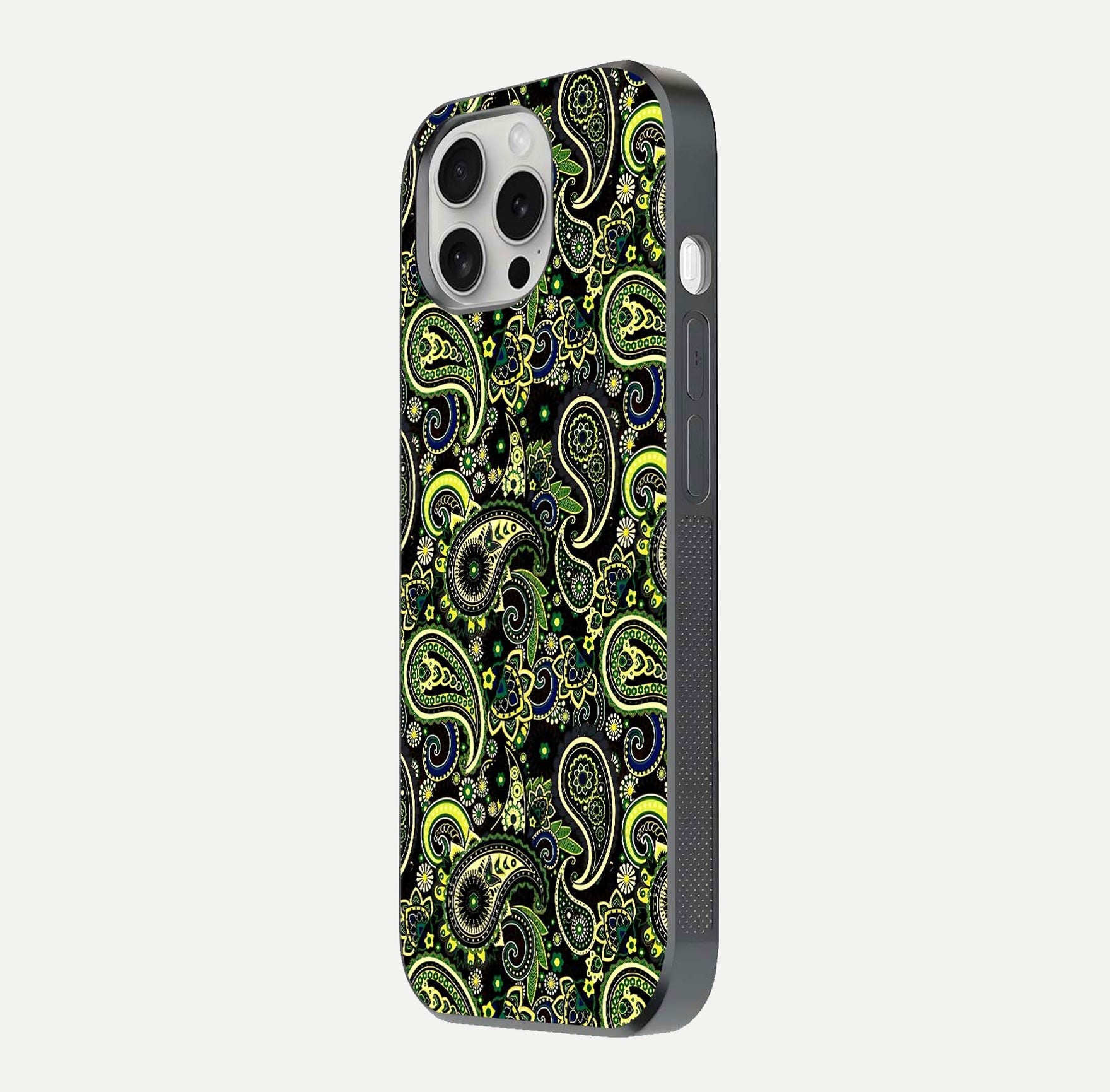 Green Mandala Pattern Glass Case for iPhone 16 Pro side-angle image showing reflection clarity and detailed pattern lines