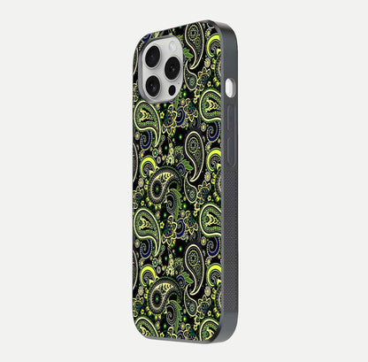 Green Mandala Pattern Glass Case for iPhone 16 Pro side-angle image showing reflection clarity and detailed pattern lines