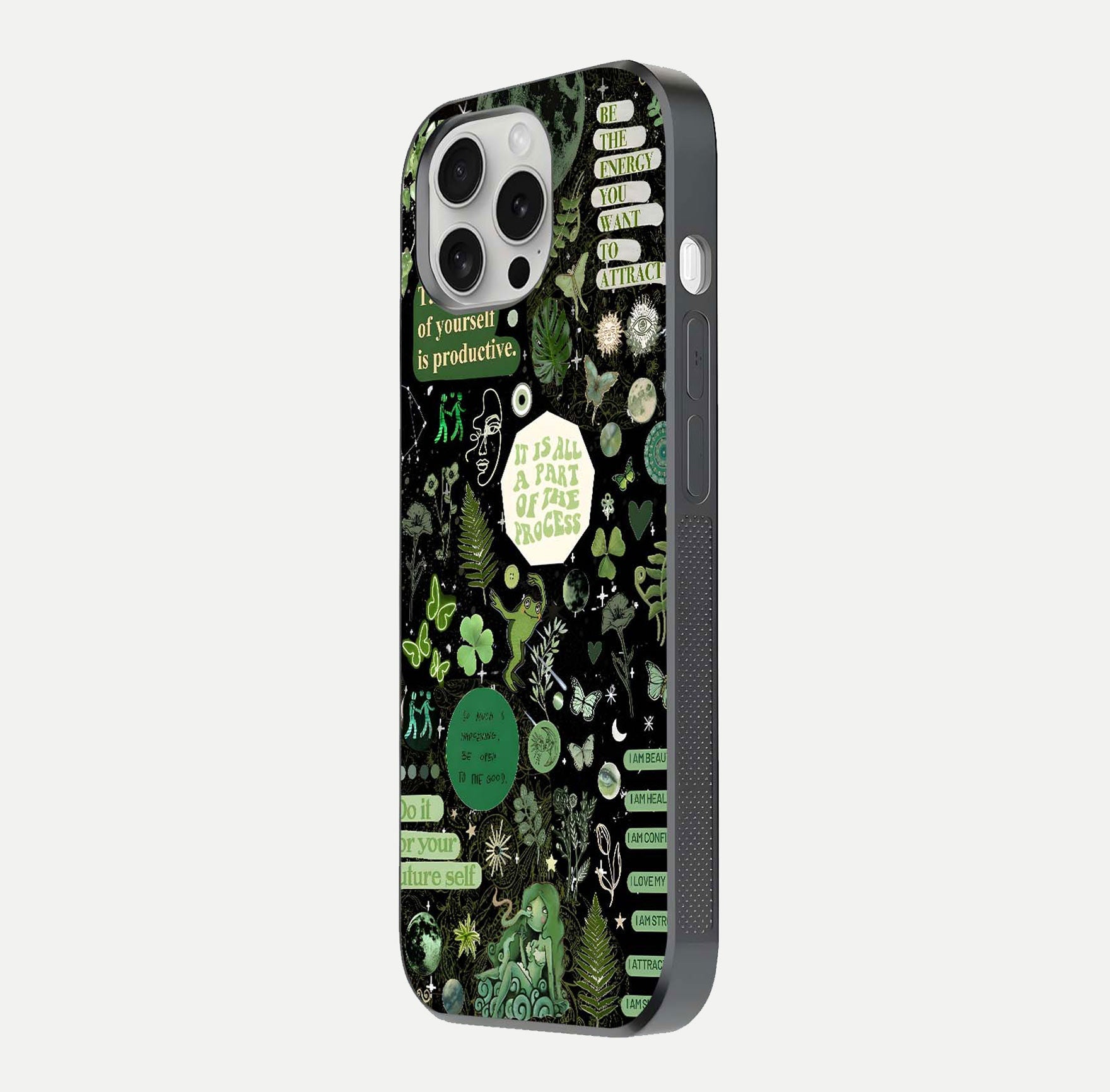 Green Moon Energy Glass Case for iPhone 16 Pro side-angle image showing reflection brilliance and curved finish