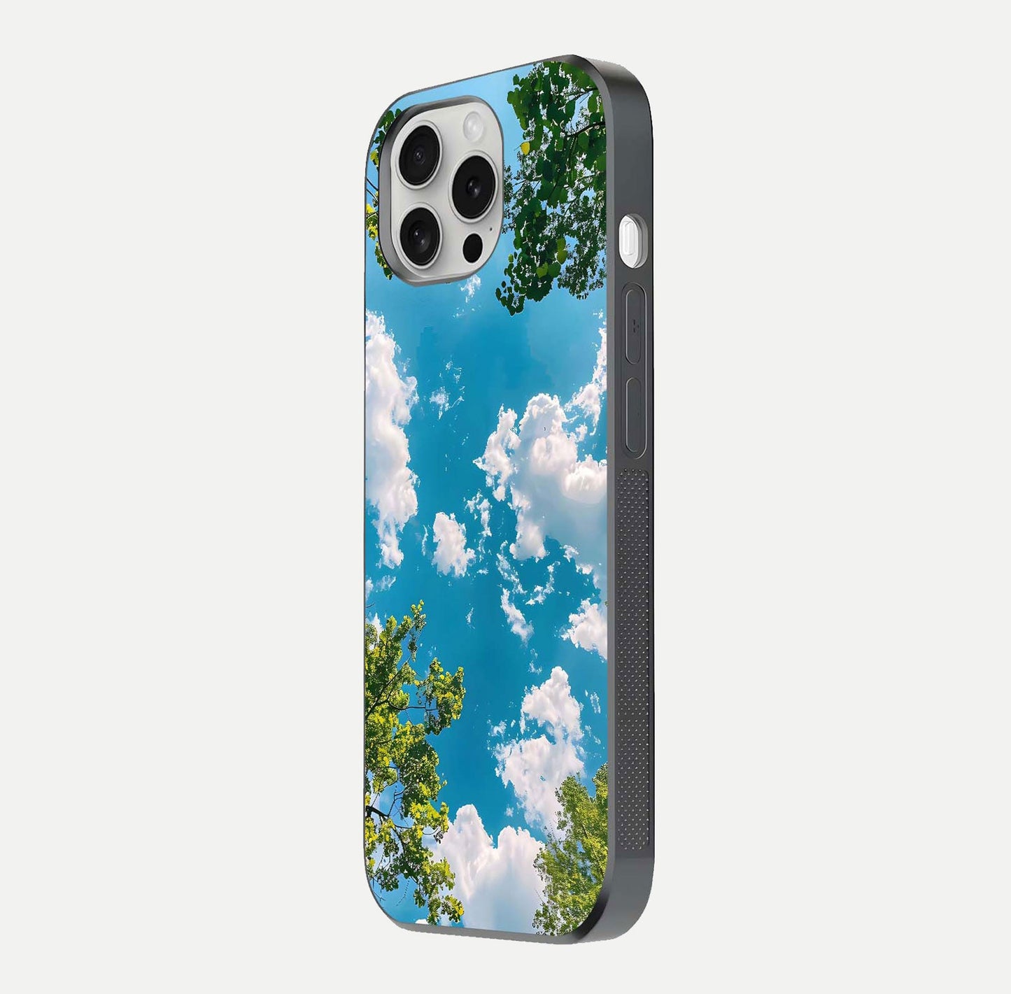 Greenery Sky Glass Case for iPhone 16 Pro side-angle image showing reflection glow and nature-themed pattern
