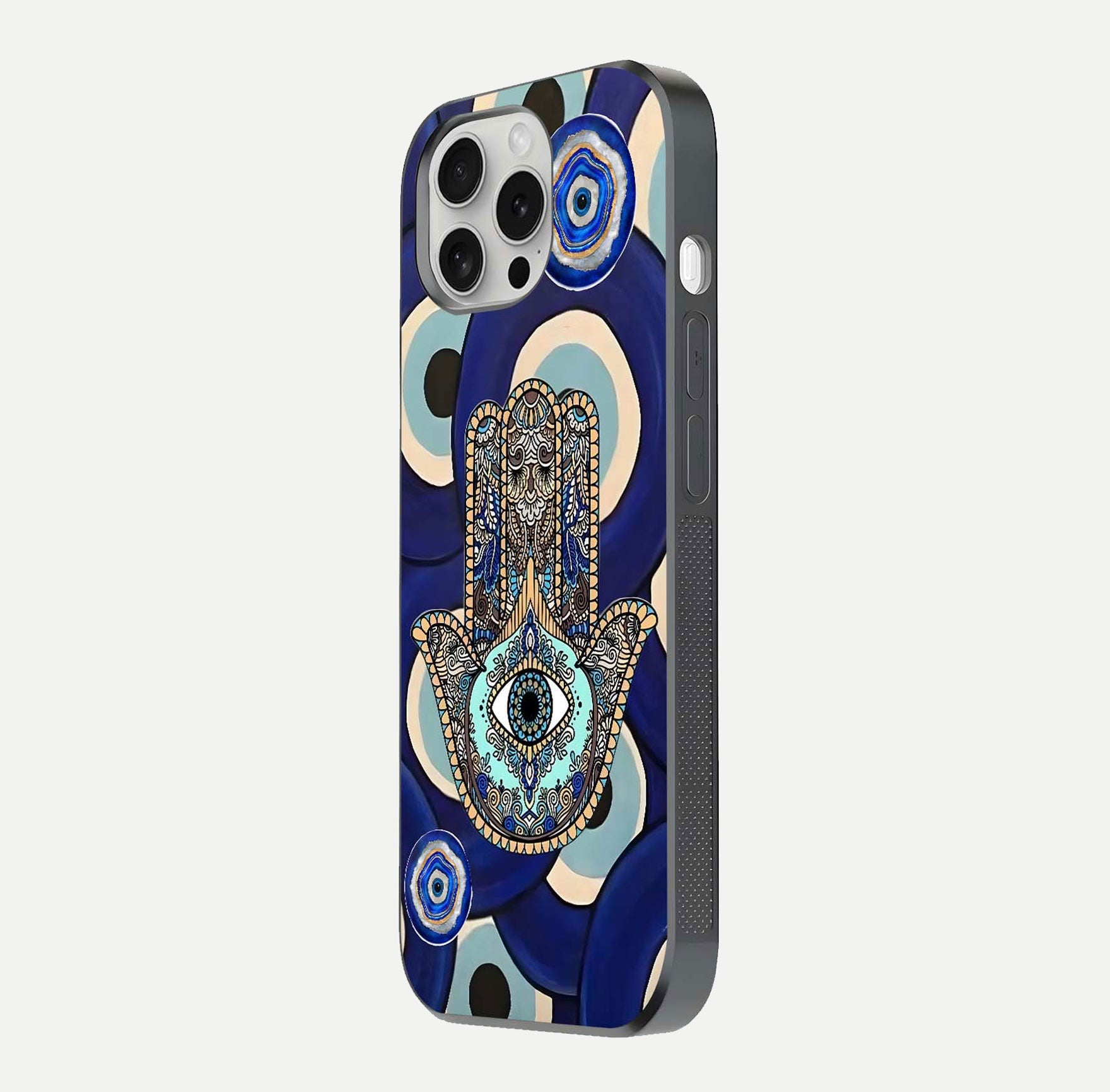 Hamsa Divine Guard Glass Case for iPhone 16 Pro side-angle image showing reflection brilliance and protective design