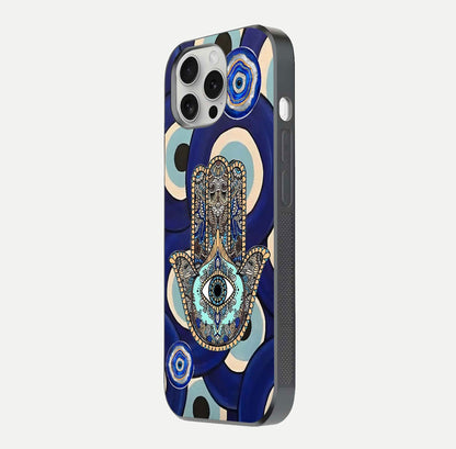 Hamsa Divine Guard Glass Case for iPhone 16 Pro side-angle image showing reflection brilliance and protective design