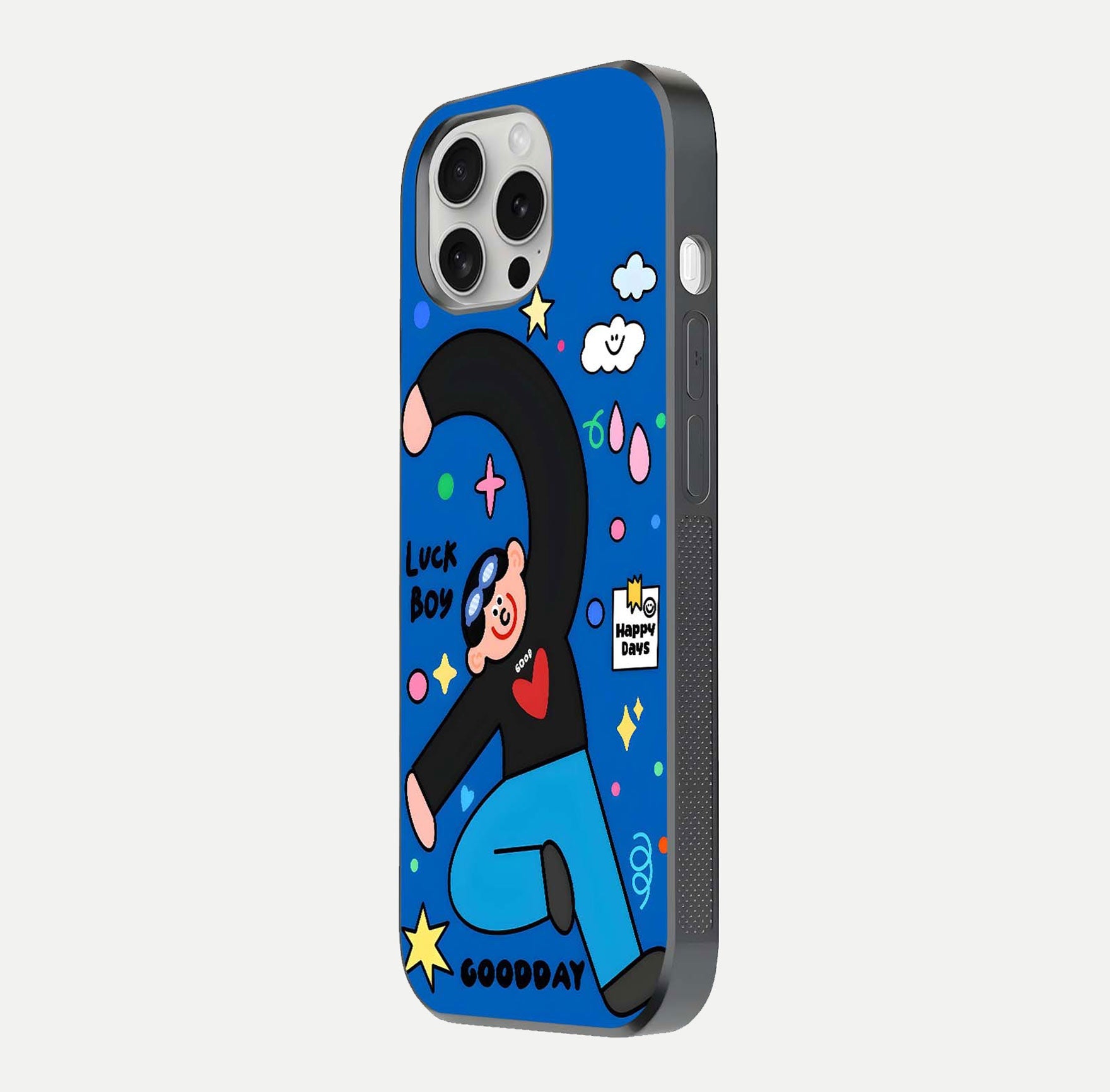 Happy Luck Vibe Glass Case for iPhone 16 Pro side-angle image showing reflection polish and vivid charm design