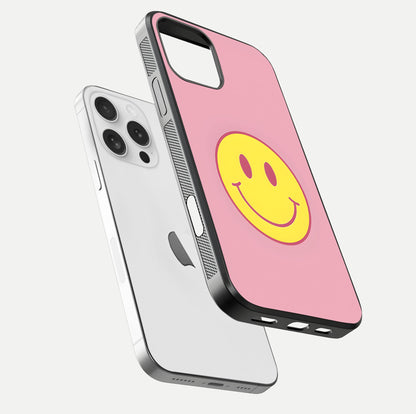 Happy Pink Mood iPhone 16 Pro glass phone case floating view emphasizing glossy finish and joyful color palette