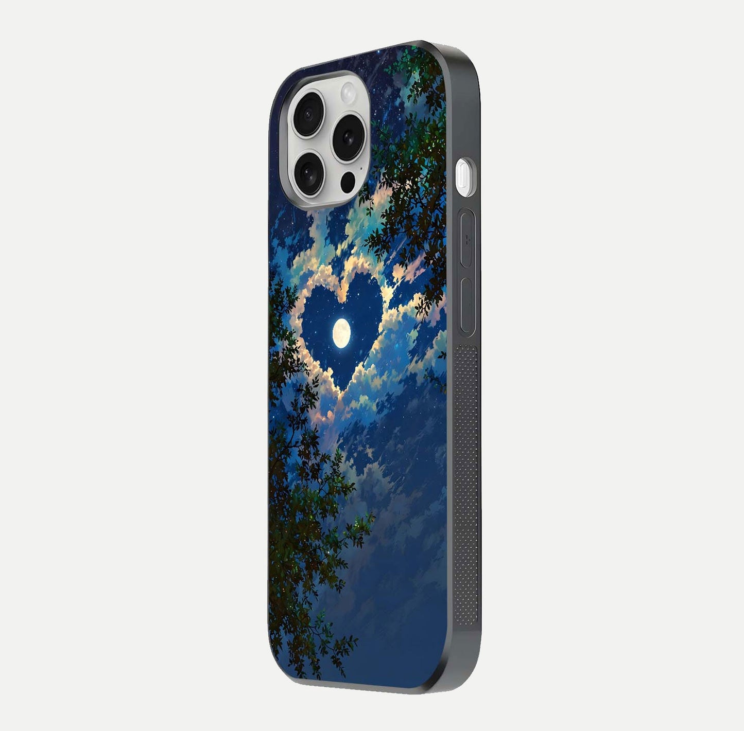 Heart with Moon Sky Glass Case for iPhone 16 Pro side-angle image showing reflection brightness and soft tone finish