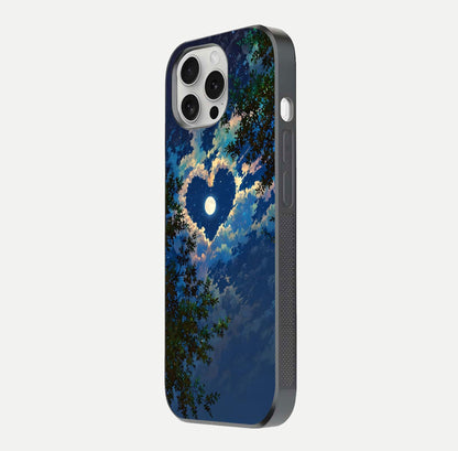 Heart with Moon Sky Glass Case for iPhone 16 Pro side-angle image showing reflection brightness and soft tone finish