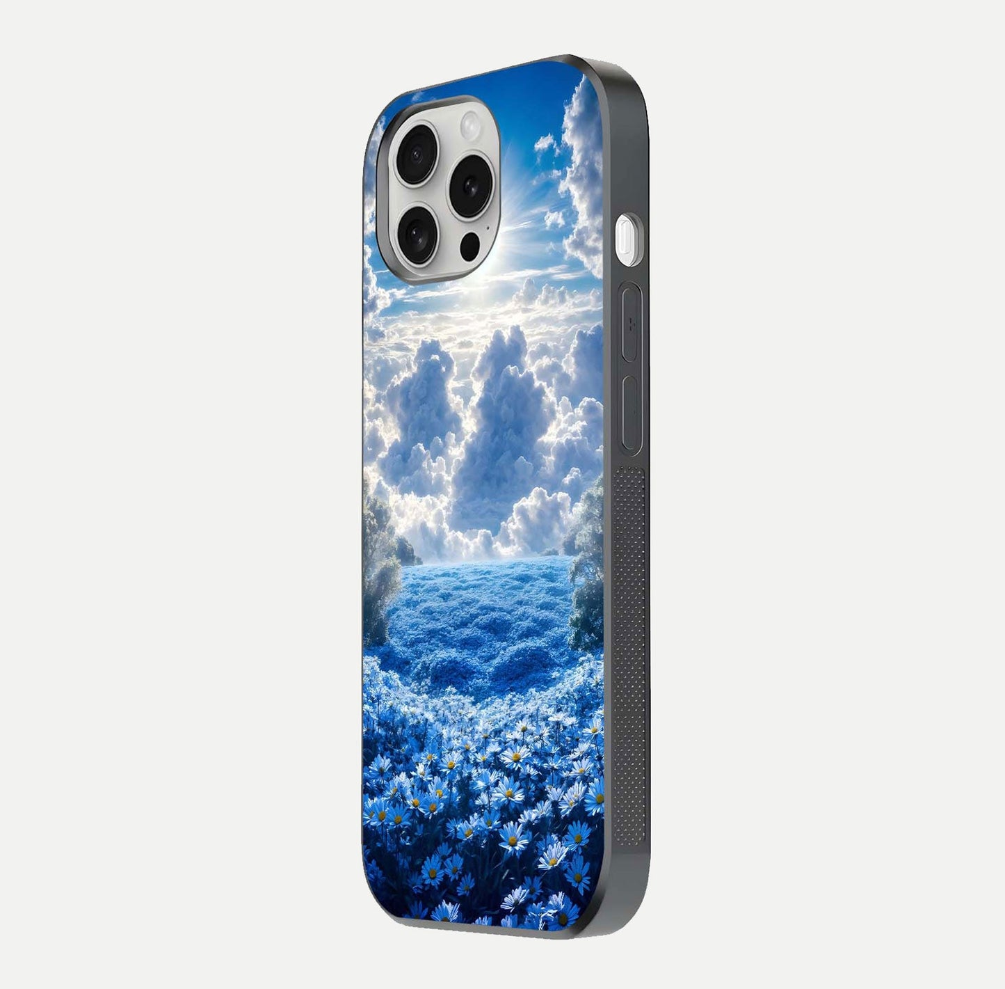 Heavenly Daisy Horizon Glass Case for iPhone 16 Pro side-angle image showing reflection depth and floral glow