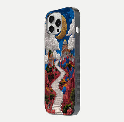 Heavenly Moon Path Glass Case for iPhone 16 Pro side-angle image showing reflection clarity and serene moon glow