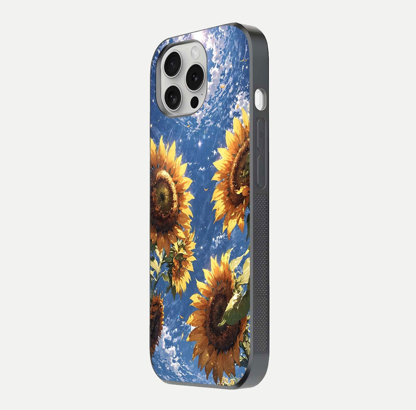 Heavenly Sunflower Rise Glass Case for iPhone 16 Pro side-angle image showing reflection glow and soft yellow tone