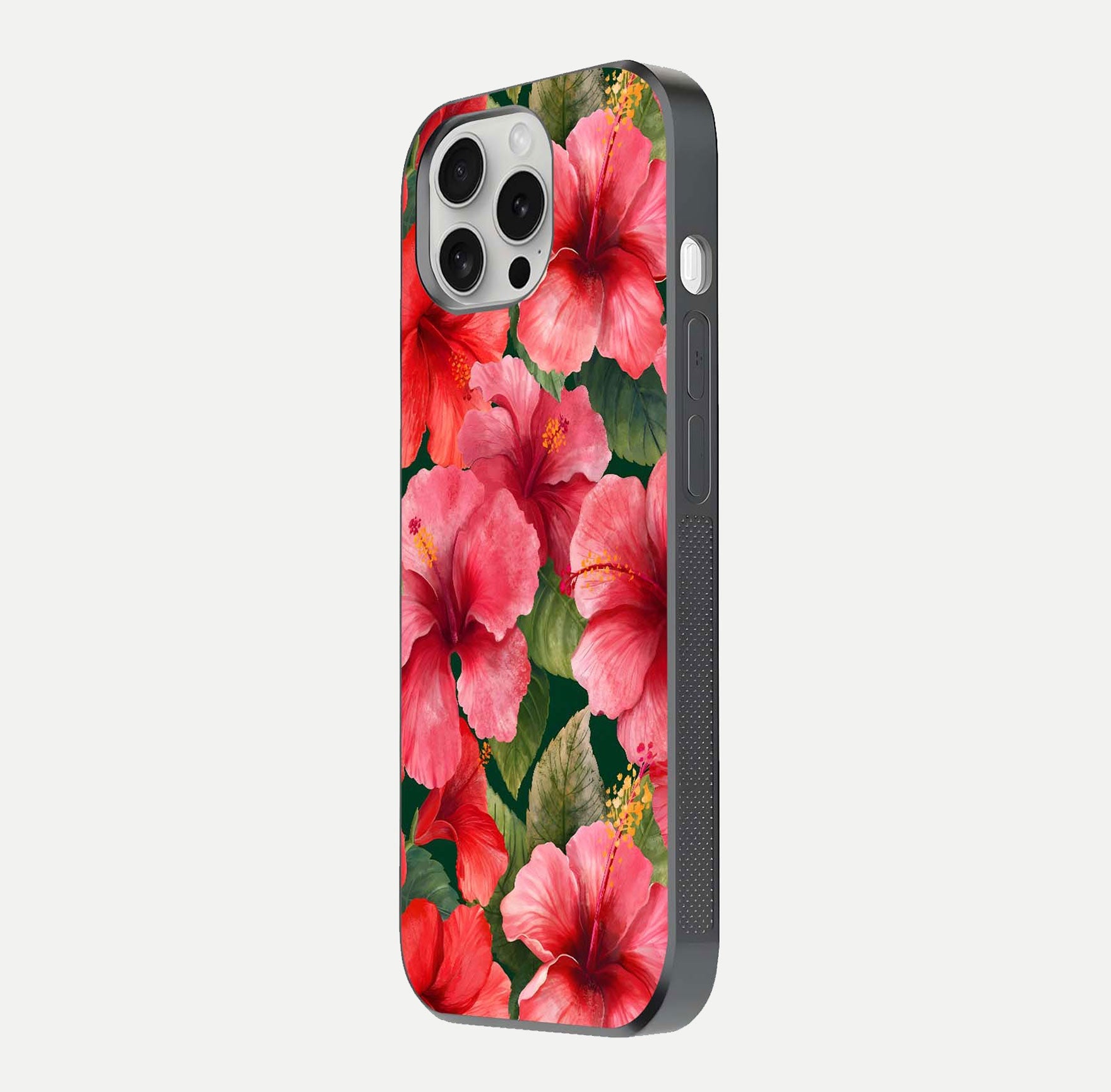 Hibiscus Pattern Glass Case for iPhone 16 Pro side-angle image showing reflection brightness and floral detailing