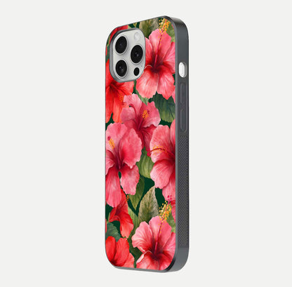 Hibiscus Pattern Glass Case for iPhone 16 Pro side-angle image showing reflection brightness and floral detailing