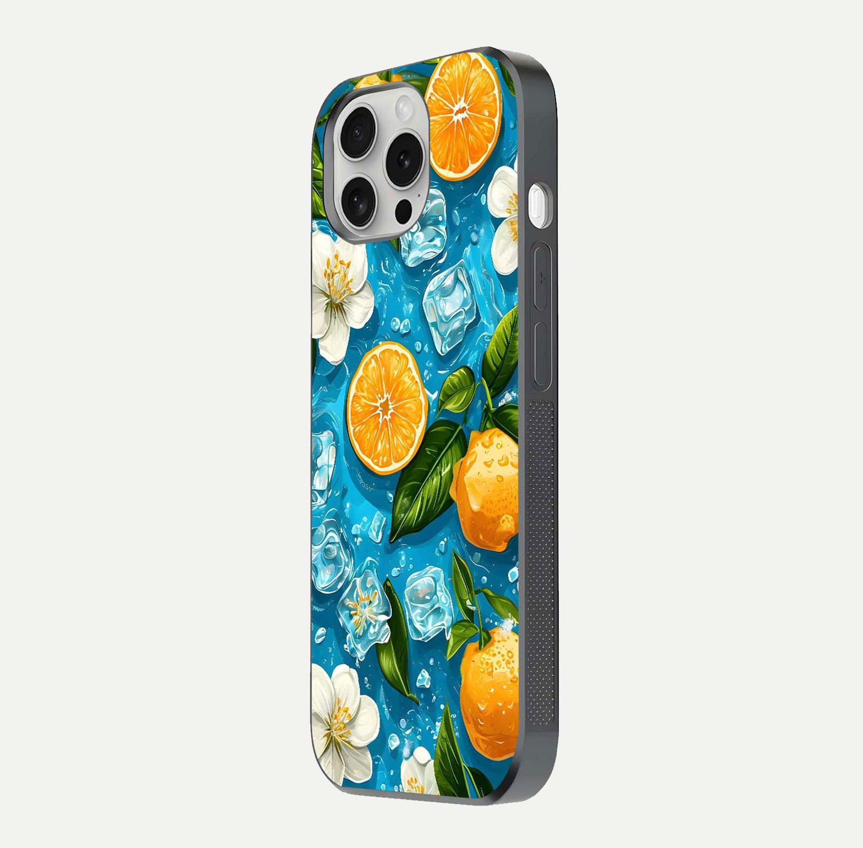 Ice Cube With Orange Glass Case for iPhone 16 Pro side-angle image showing reflection brightness and juicy pattern detail