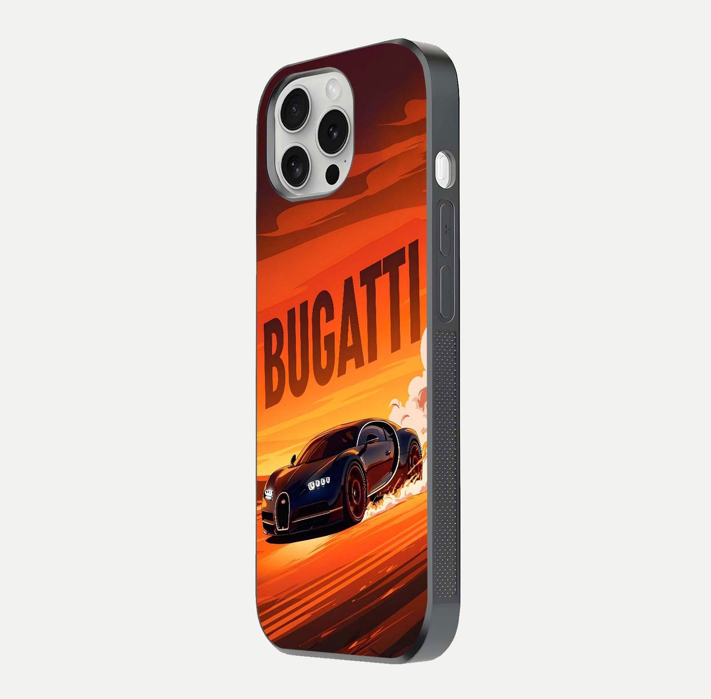 Inferno Bugatti Storm Glass Case for iPhone 16 Pro side-angle image showing reflection glow and vibrant red tones