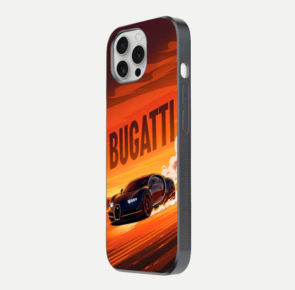 Inferno Bugatti Storm Glass Case for iPhone 16 Pro side-angle image showing reflection glow and vibrant red tones