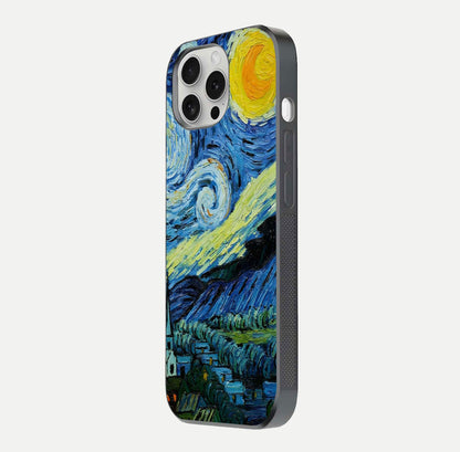 Inspired Van Gogh Art Glass Case for iPhone 16 Pro side-angle image showing reflection brilliance and painted surface look