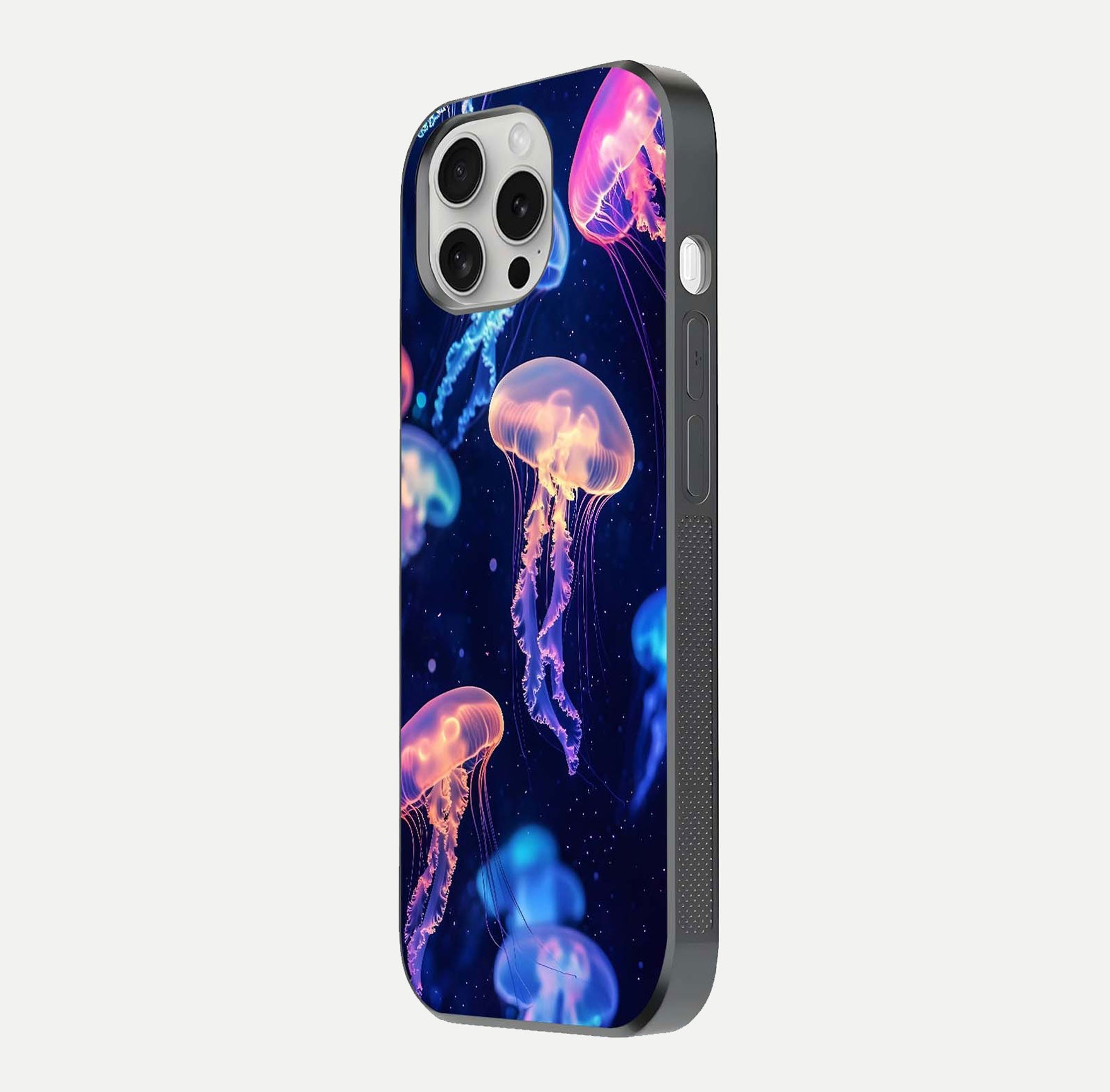 Jellyfish Pattern Glass Case for iPhone 16 Pro side-angle image showing reflection glow and soft water-blue gradient