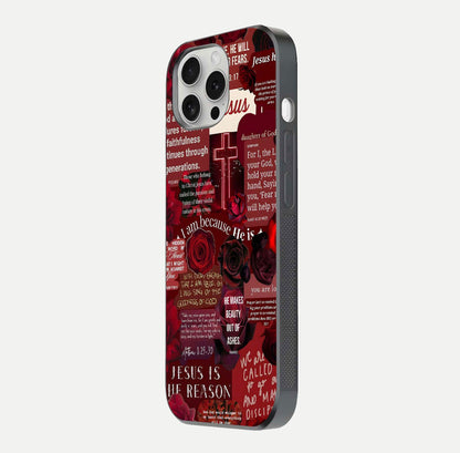 Jesus Love Heals Glass Case for iPhone 16 Pro side-angle image highlighting gloss depth and spiritual aura