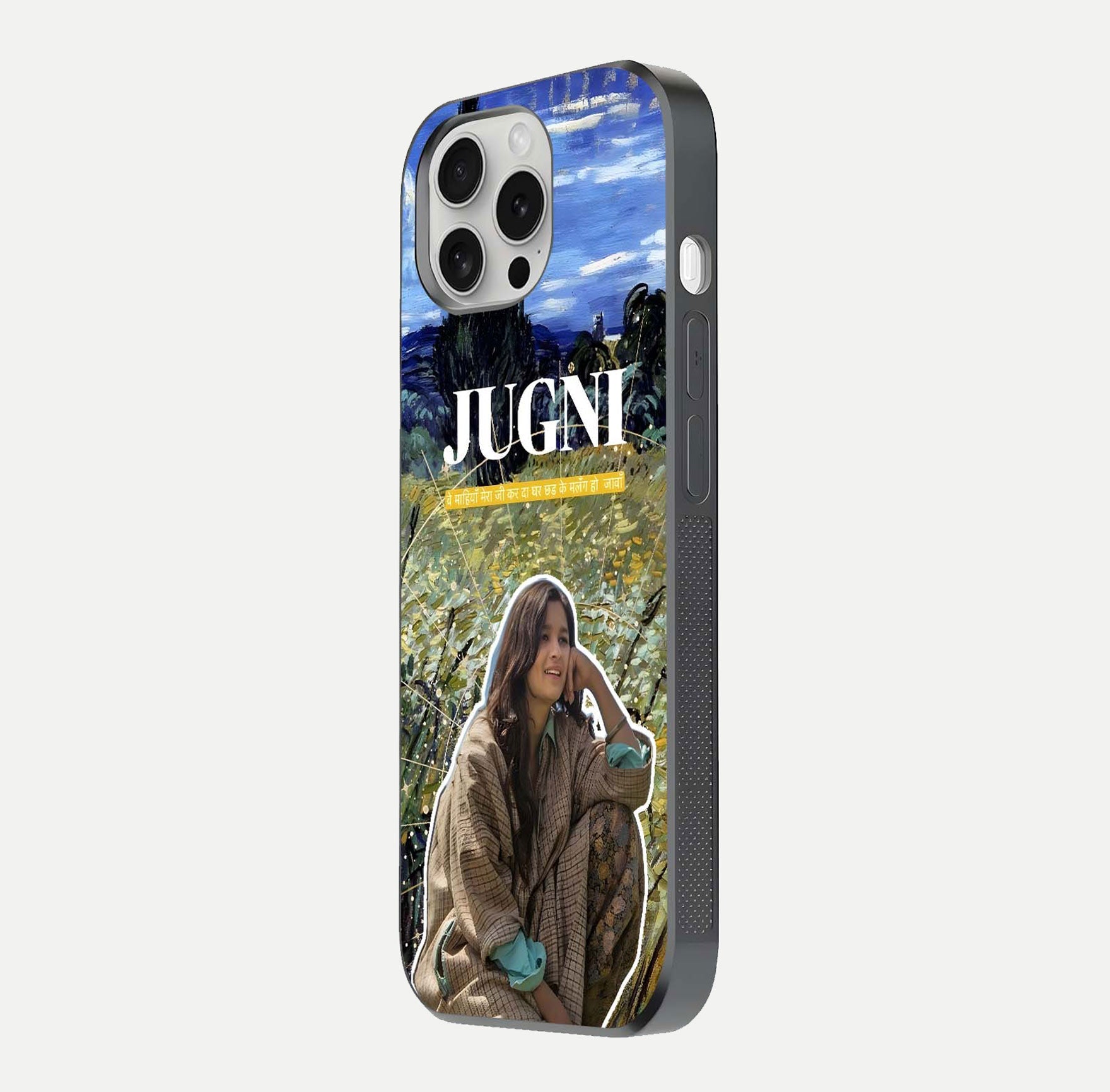 Jugni Soul Vibes Glass Case for iPhone 16 Pro side-angle image with stylish typography and HD finish