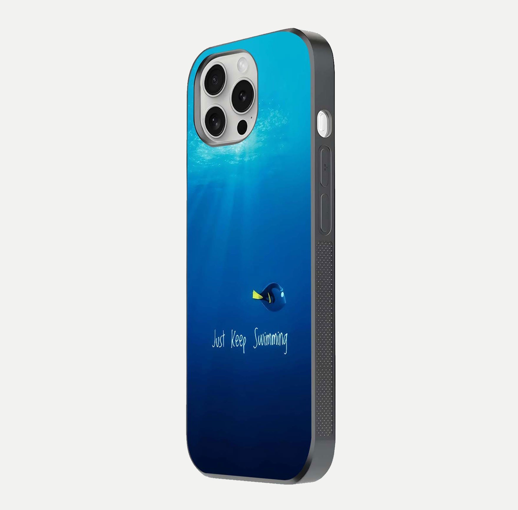 Just Keep Swimming Glass Case for iPhone 16 Pro side-angle image highlighting reflective surface and positive quote