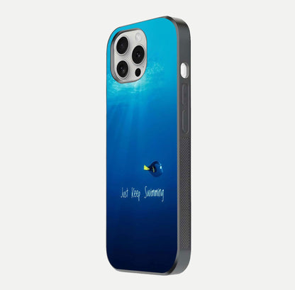 Just Keep Swimming Glass Case for iPhone 16 Pro side-angle image highlighting reflective surface and positive quote