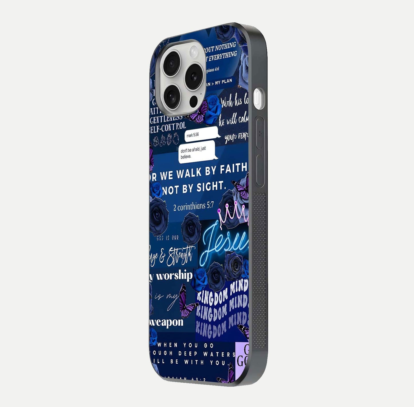 Kingdom Faith Glow Glass Case for iPhone 16 Pro side-angle image with reflective cross and faith glow