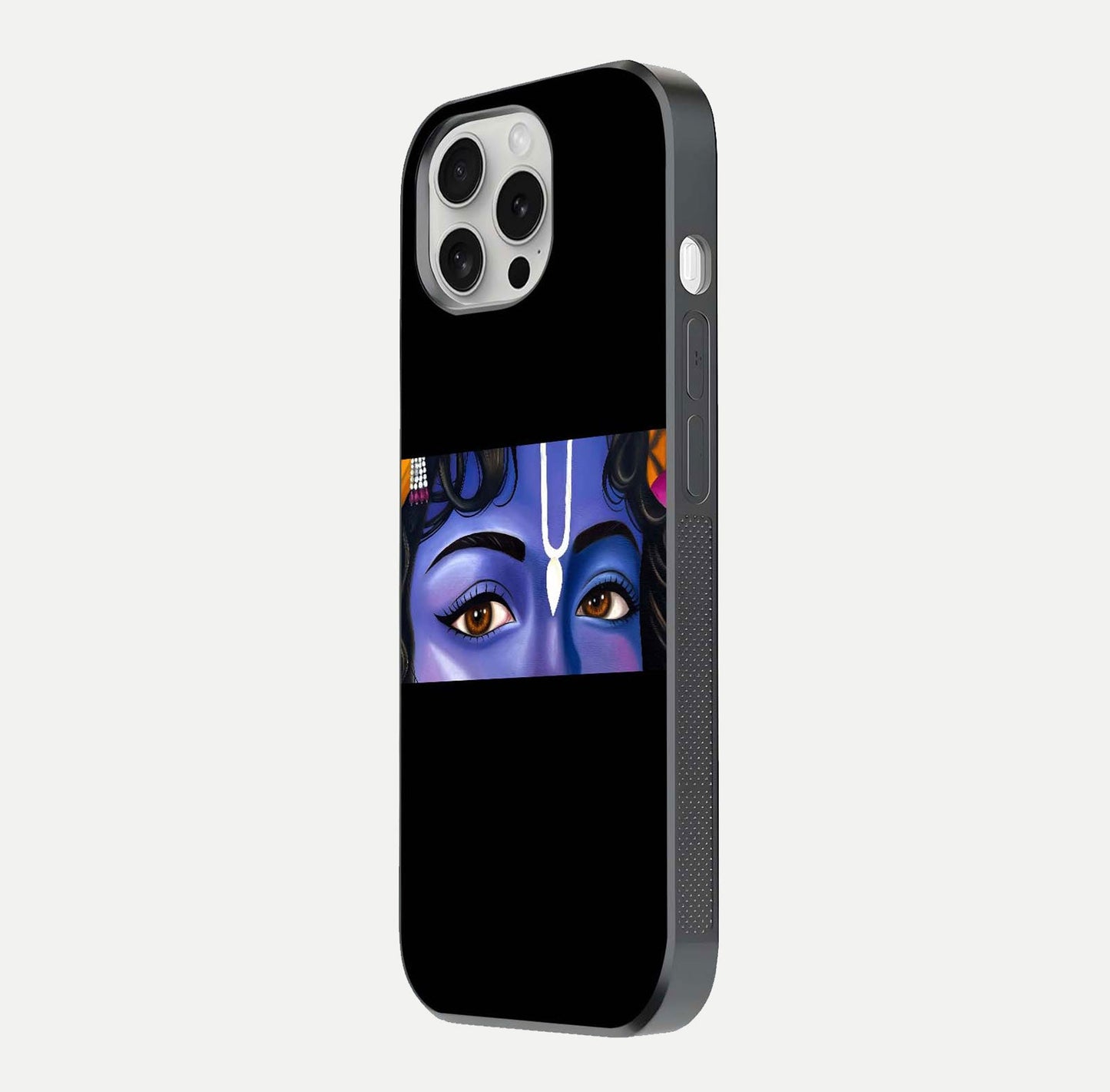 Krishna Eye Glass Case for iPhone 16 Pro side-angle image showing reflection clarity and Krishna symbol design