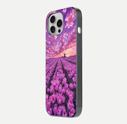 Lavender Dream Skies Glass Case for iPhone 16 Pro side-angle image showing reflection depth and serene tones