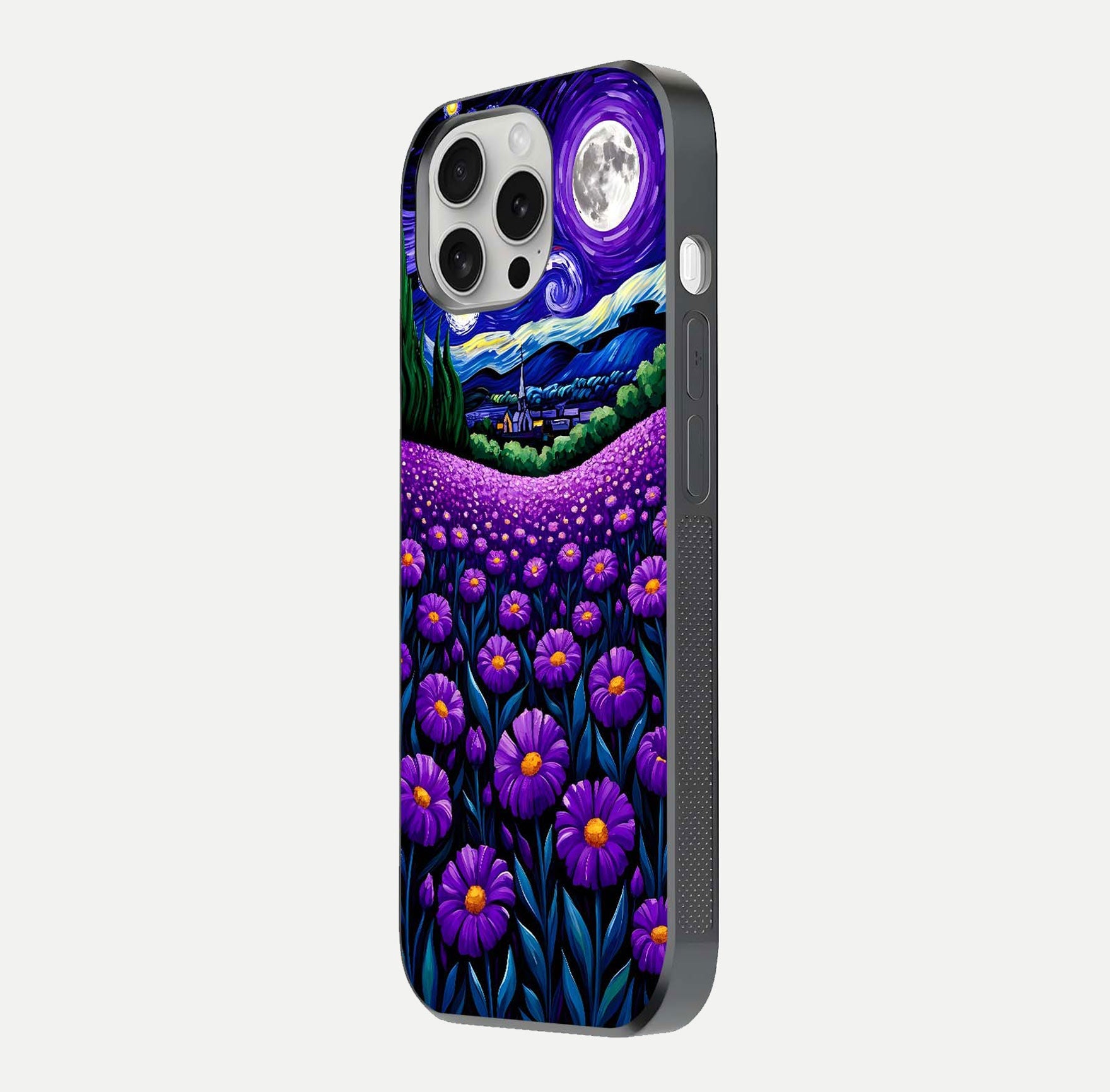 Lavender Moon Field Glass Case for iPhone 16 Pro side-angle image showing HD reflection and moonlit lavender art