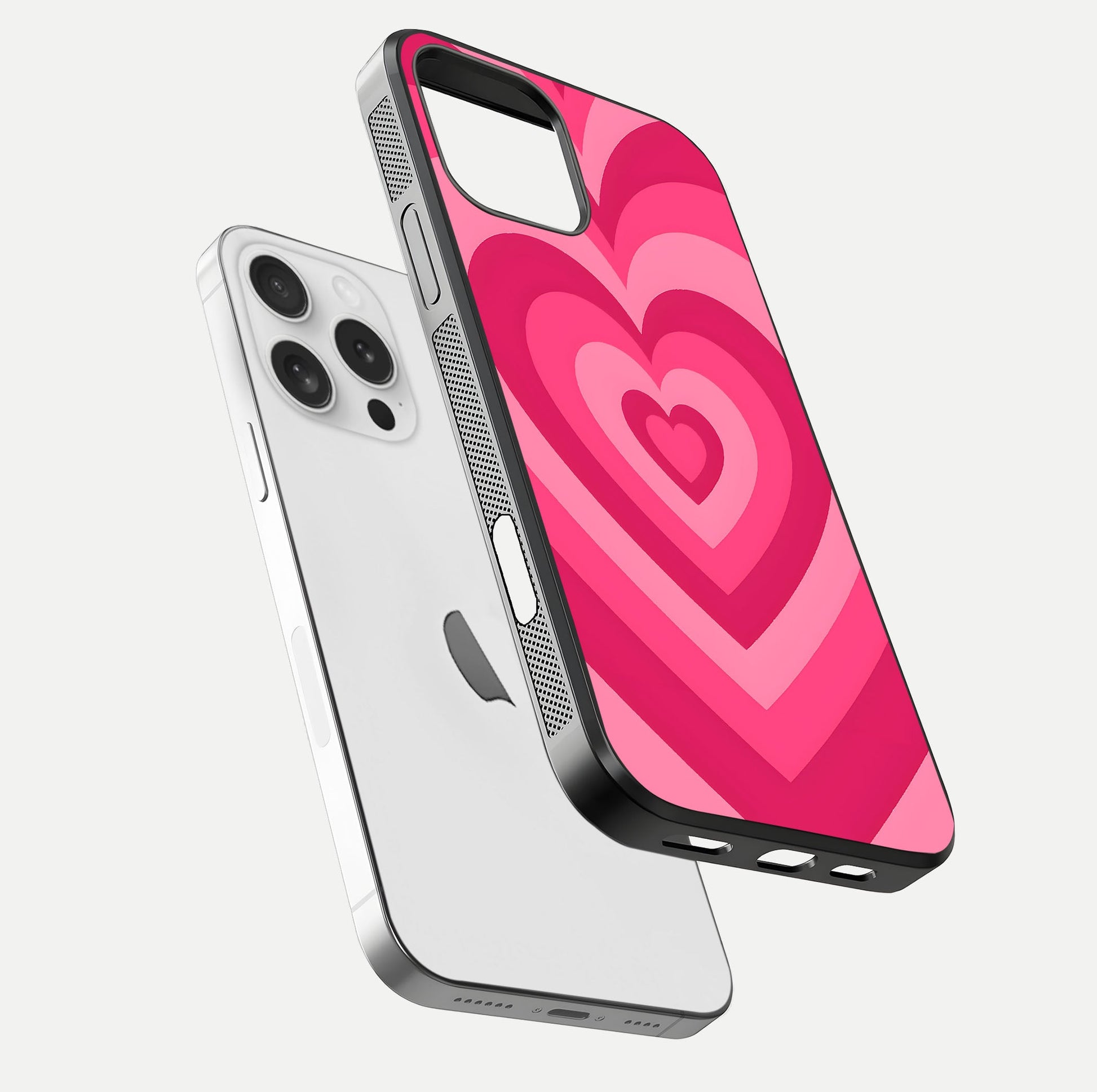 Layered Love Hearts iPhone 16 Pro glass phone case floating view emphasizing glossy surface and layered heart details