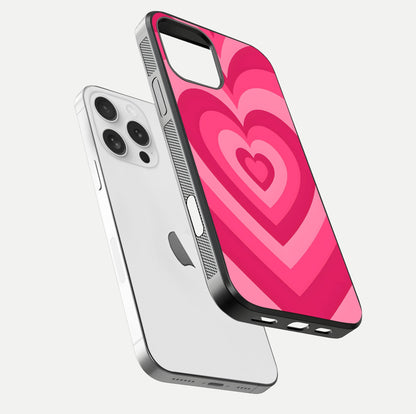 Layered Love Hearts iPhone 16 Pro glass phone case floating view emphasizing glossy surface and layered heart details