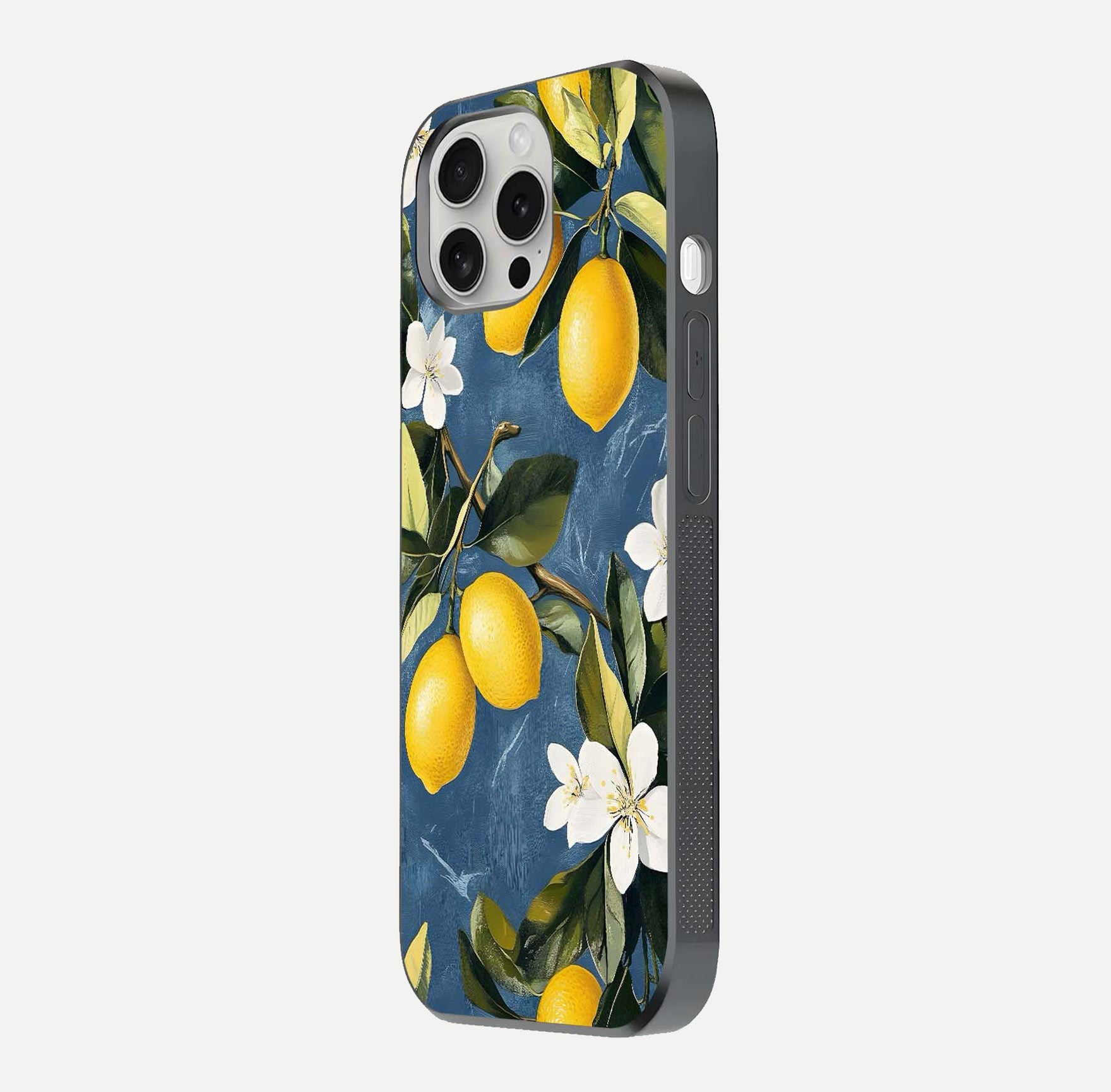 Lemon Dream Garden Glass Case for iPhone 16 Pro side-angle image showing reflection clarity and artistic fruit design